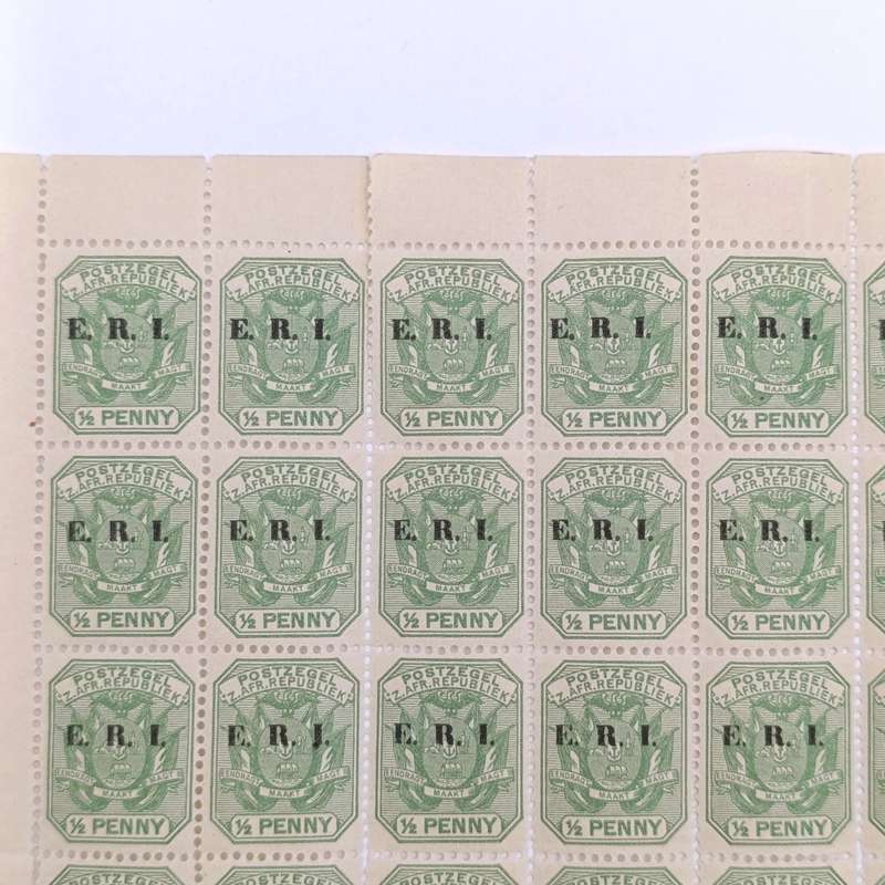 ZAR stamps full page of 60 mint stamps ERI overprint with faults indicated - RARE FIND