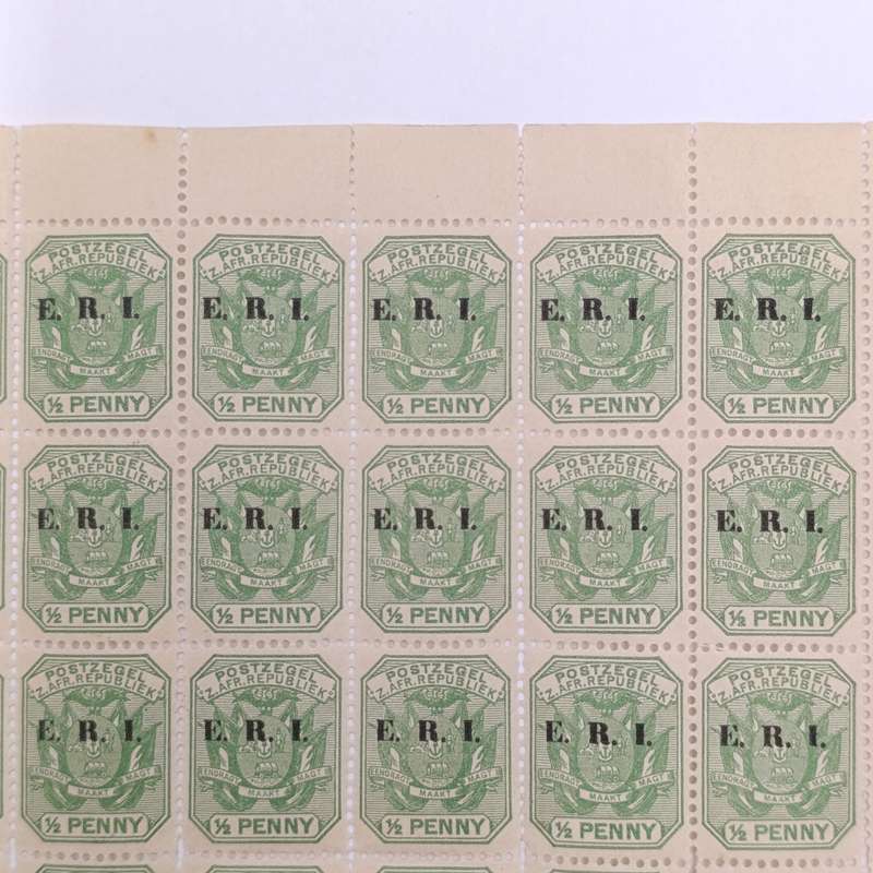 ZAR stamps full page of 60 mint stamps ERI overprint with faults indicated - RARE FIND