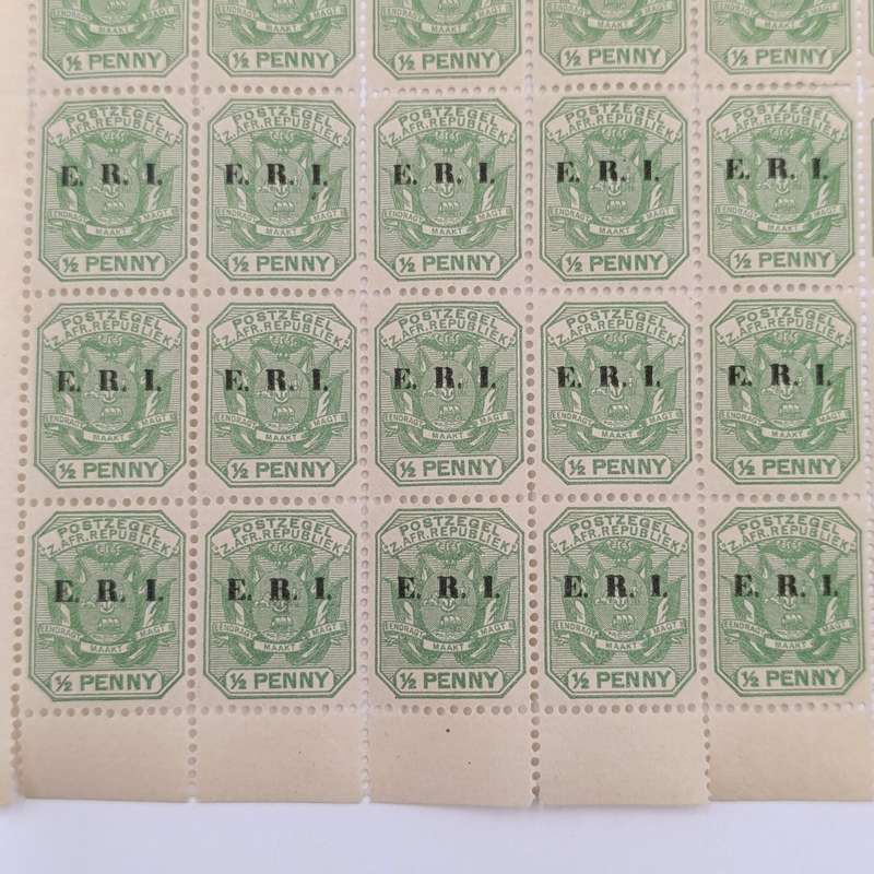 ZAR stamps full page of 60 mint stamps ERI overprint with faults indicated - RARE FIND