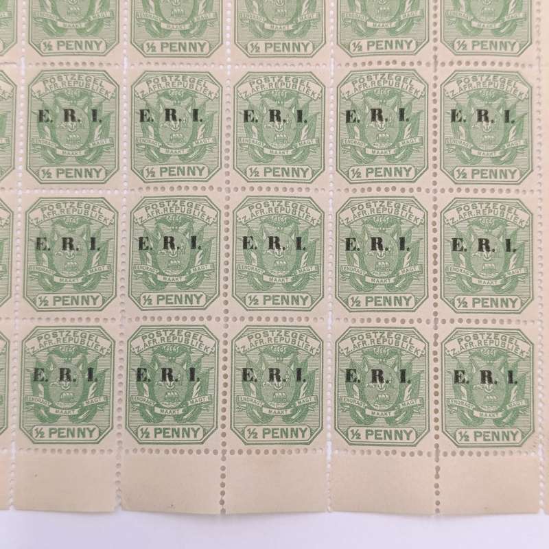 ZAR stamps full page of 60 mint stamps ERI overprint with faults indicated - RARE FIND