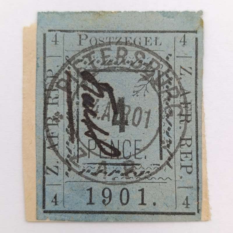 1901 ZAR Pietersburg type 1 used 4 pence stamp on card - SACC 10 - used at Pietersburg