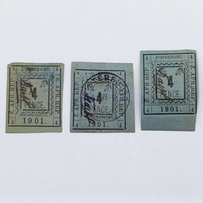 Full set of 1901 ZAR Pietersburg type 1-3 imperforate 4 Pence stamps - 1 used, 2 mint - SACC 10-12