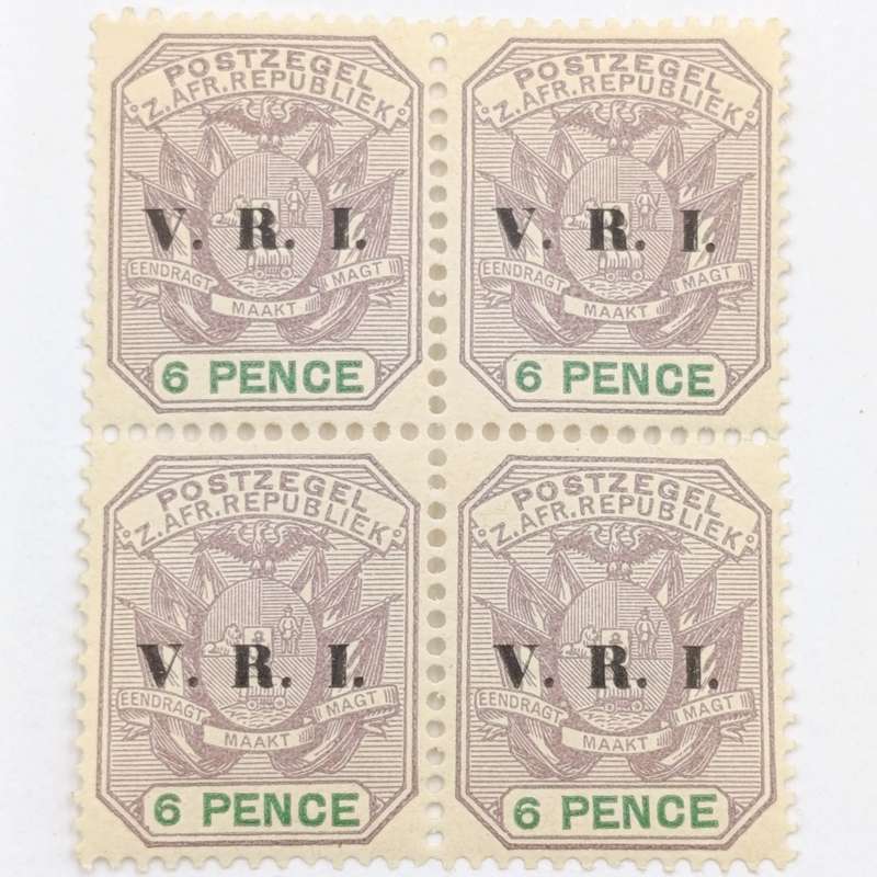 ZAR Block of 4 mint stamps 6 Pence overprinted V.R.I SACC 238