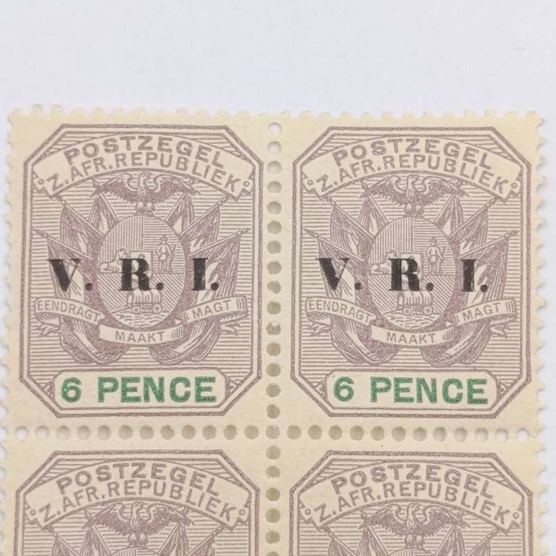 ZAR Block of 4 mint stamps 6 Pence overprinted V.R.I SACC 238