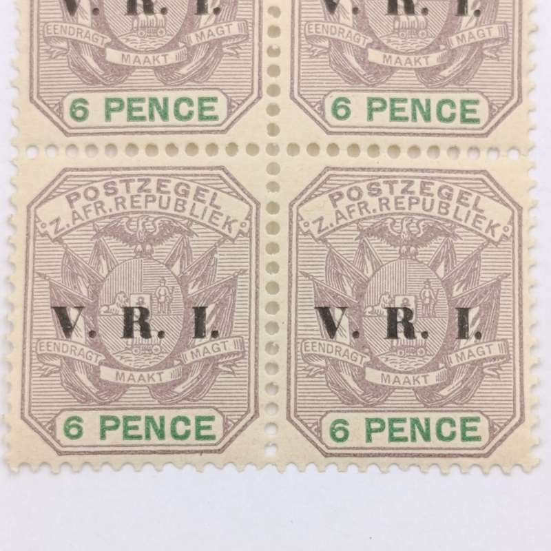 ZAR Block of 4 mint stamps 6 Pence overprinted V.R.I SACC 238