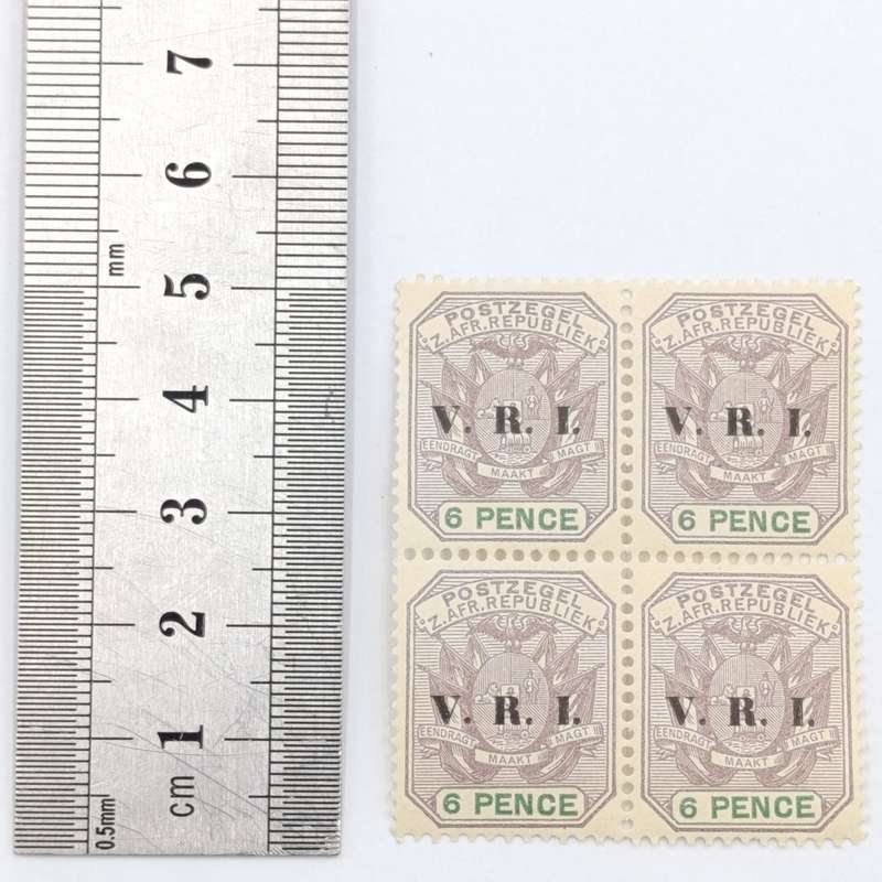 ZAR Block of 4 mint stamps 6 Pence overprinted V.R.I SACC 238