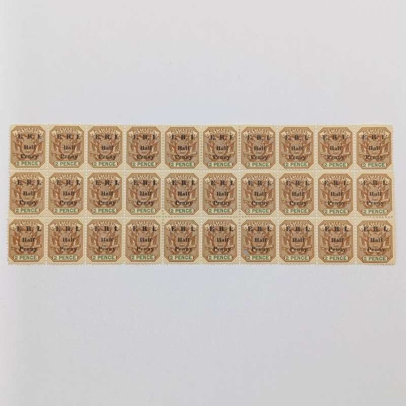 ZAR 1901 E.R.I. overprinted Half Penny on 2 Pence block of 30 mint stamps variations