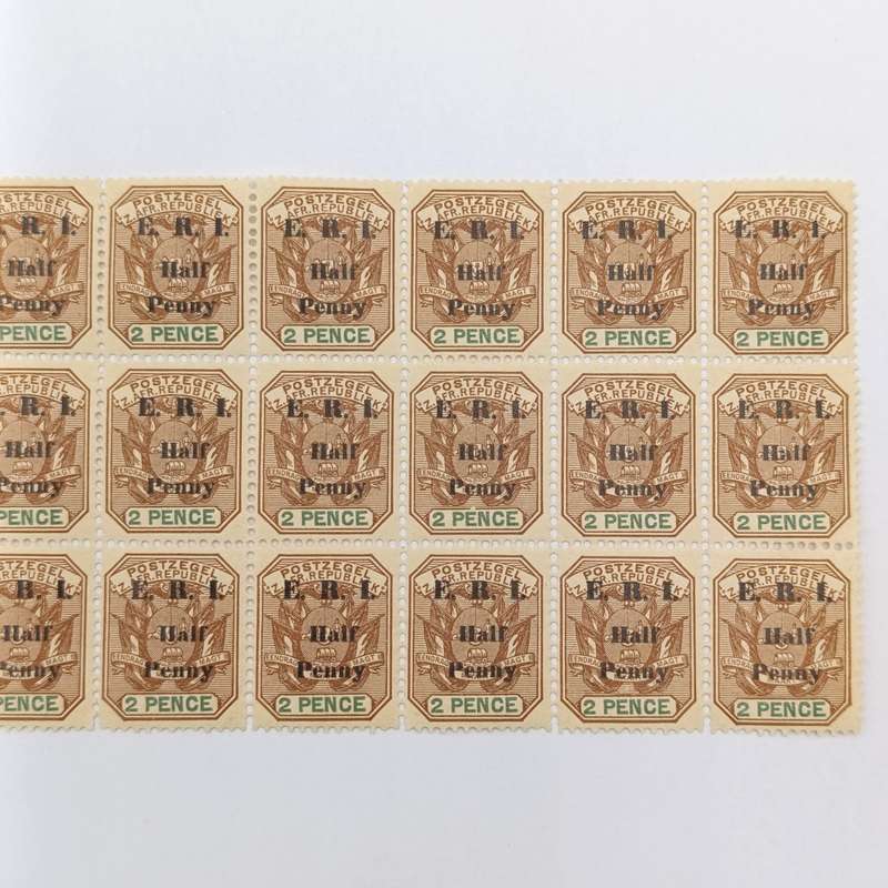 ZAR 1901 E.R.I. overprinted Half Penny on 2 Pence block of 30 mint stamps variations