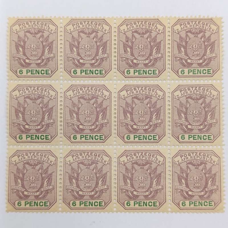 ZAR 1896 Block of 12 mint 6 Pence stamps SACC 229