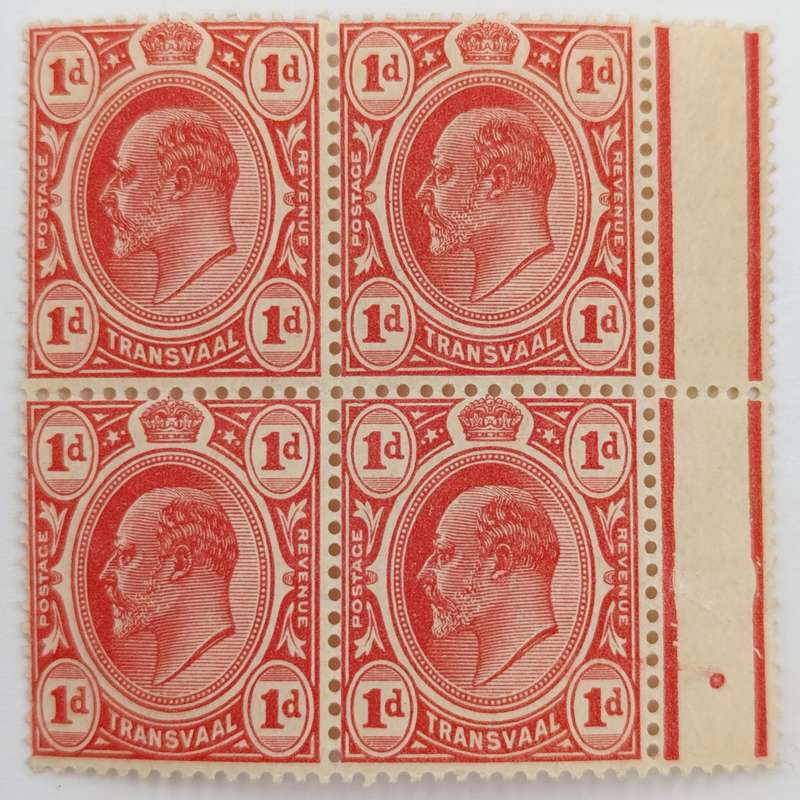 Transvaal 1d block of 4 mint stamps SACC 280 Crown and SA WMK Yellow gun