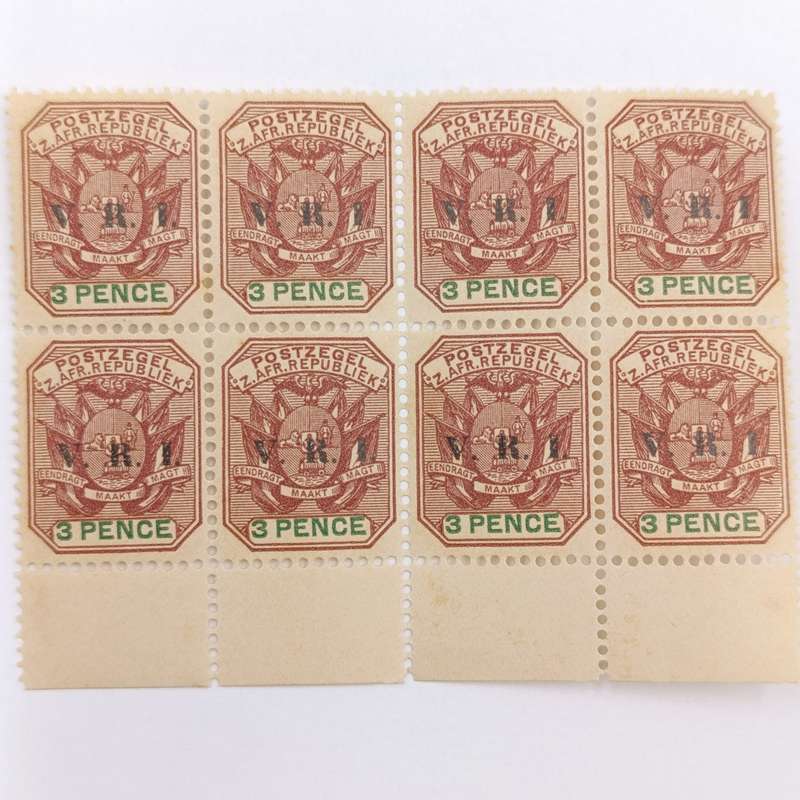 ZAR 1900 block of 8x3 Pence stamps with V.R.I overprint - mint SACC 236