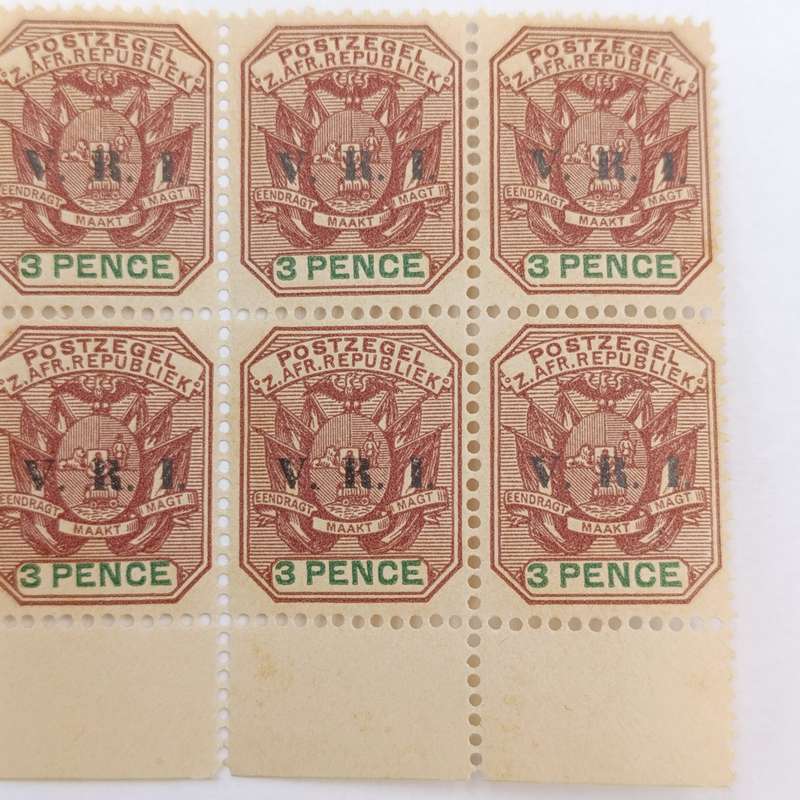 ZAR 1900 block of 8x3 Pence stamps with V.R.I overprint - mint SACC 236