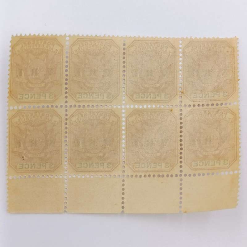 ZAR 1900 block of 8x3 Pence stamps with V.R.I overprint - mint SACC 236