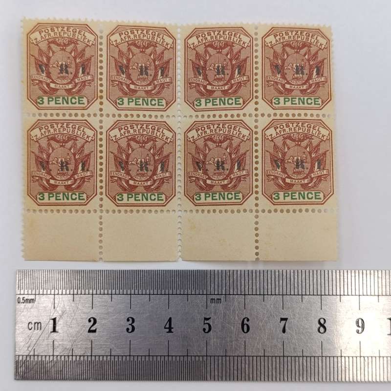 ZAR 1900 block of 8x3 Pence stamps with V.R.I overprint - mint SACC 236