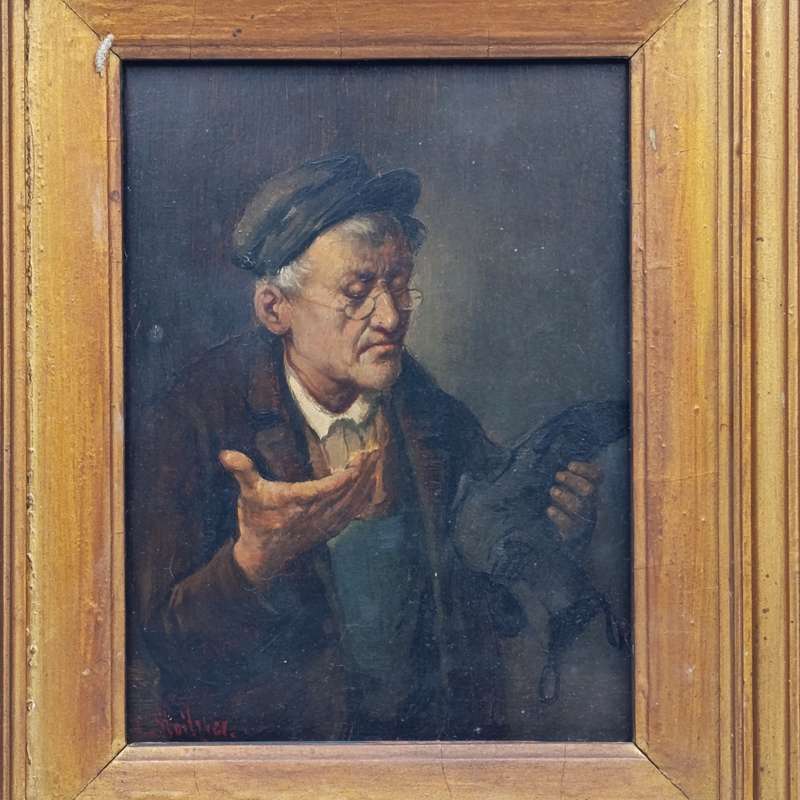 Antique Constantin Stoitzner (1863-1934) portrait painting of shoemaker