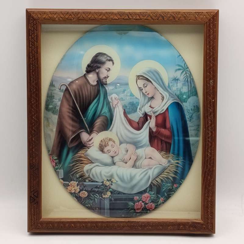 Antique Convex glass print of Joseph and Mary with baby Jesus - in box frame