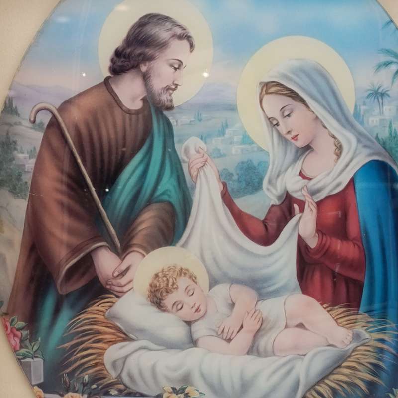 Antique Convex glass print of Joseph and Mary with baby Jesus - in box frame
