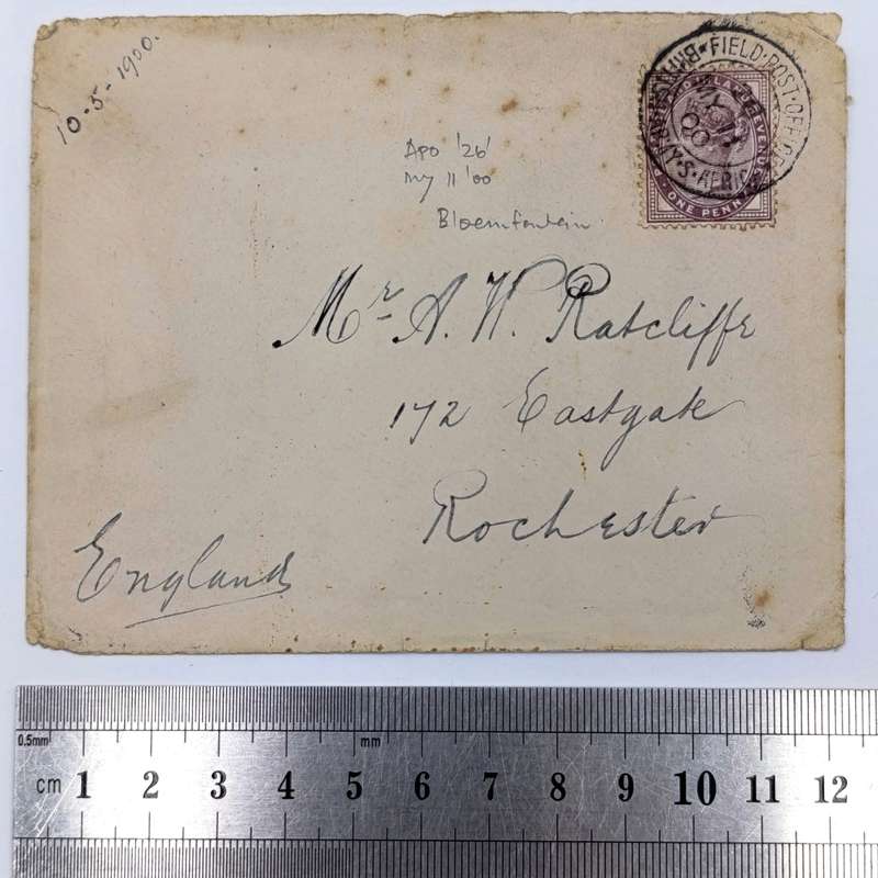 Boer War cover posted at APO 26- Bloemfontein to Rochester England - English stamp used