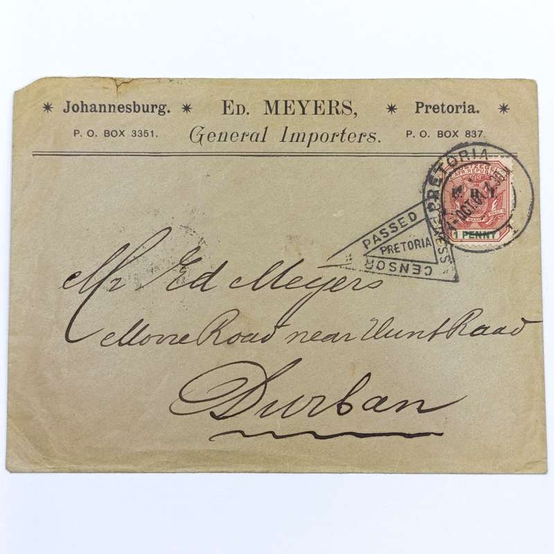 Censored cover - Boer War period - Pretoria to Durban - 1 Penny ZAR stamp cancelled 4 October 1901