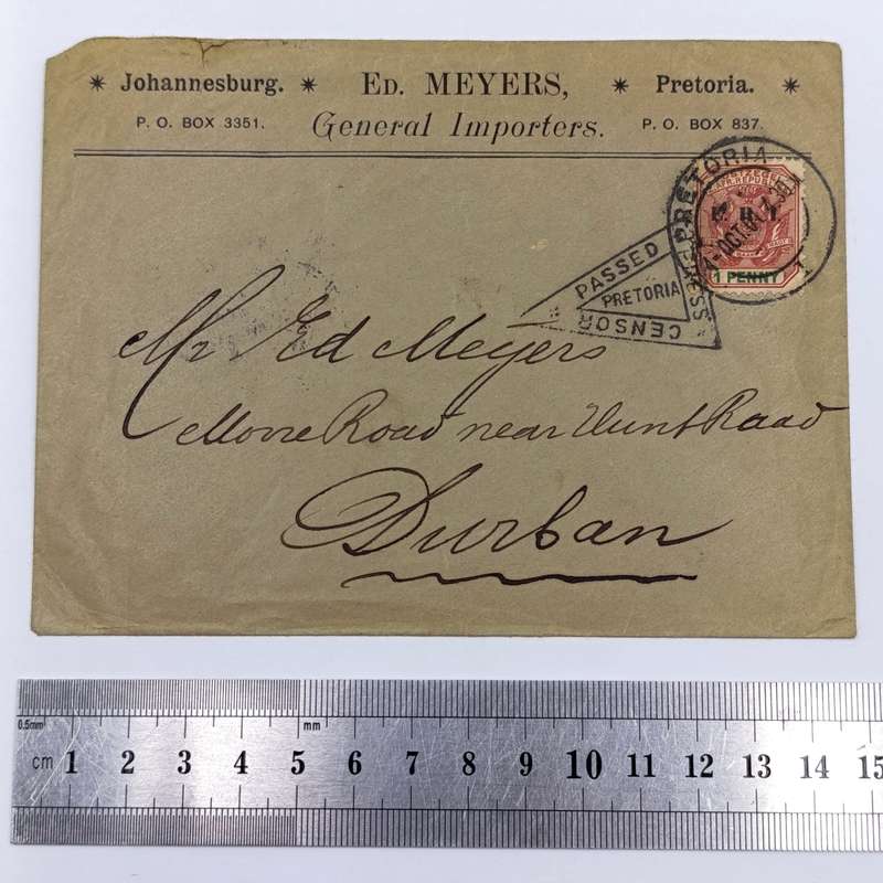 Censored cover - Boer War period - Pretoria to Durban - 1 Penny ZAR stamp cancelled 4 October 1901