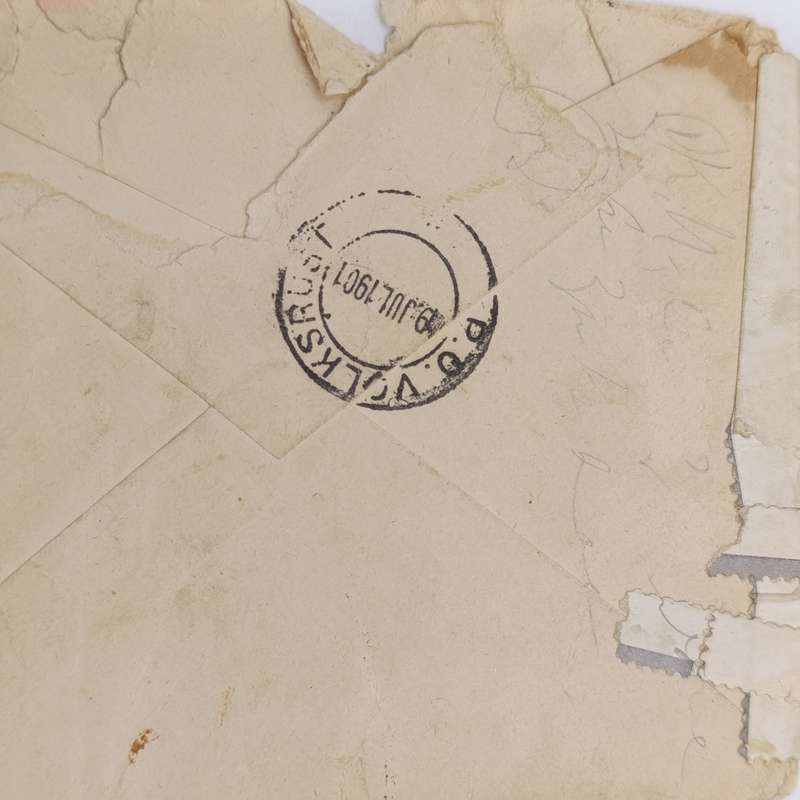 Censored Boer War cover Durban to Volksrust posted 8 July 1901 - arrived cancel 9 July 1901