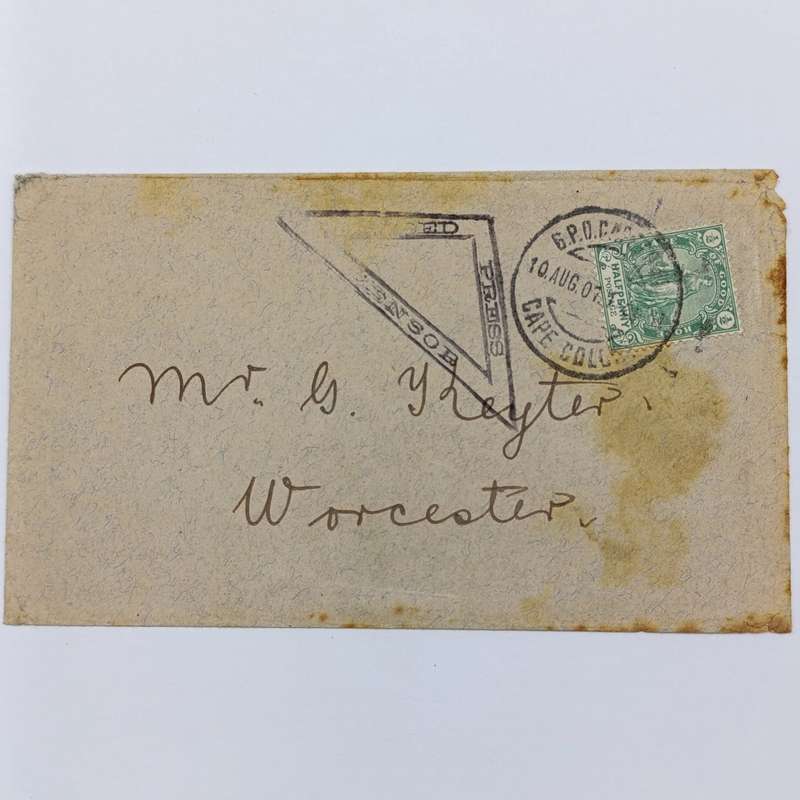 Boer War censored cover 10 August 1901 to Worcester with 11 August arrival cancel