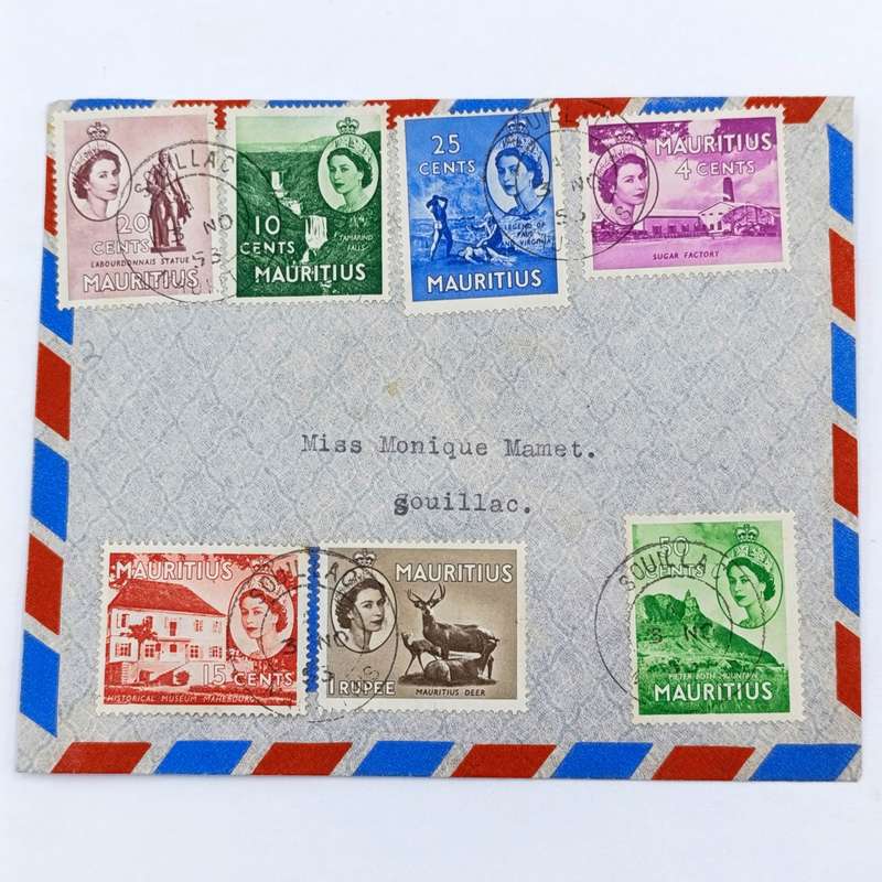November 1953 Mauritius postal cover with 7 Mauritius stamps with Queen Elizabeth 2