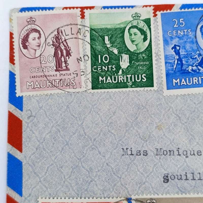 November 1953 Mauritius postal cover with 7 Mauritius stamps with Queen Elizabeth 2