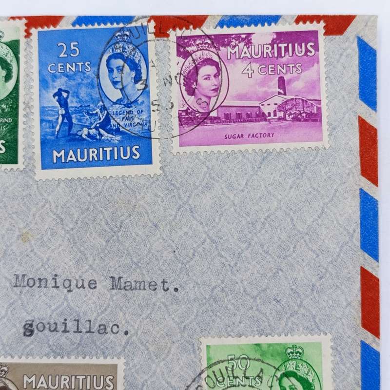 November 1953 Mauritius postal cover with 7 Mauritius stamps with Queen Elizabeth 2