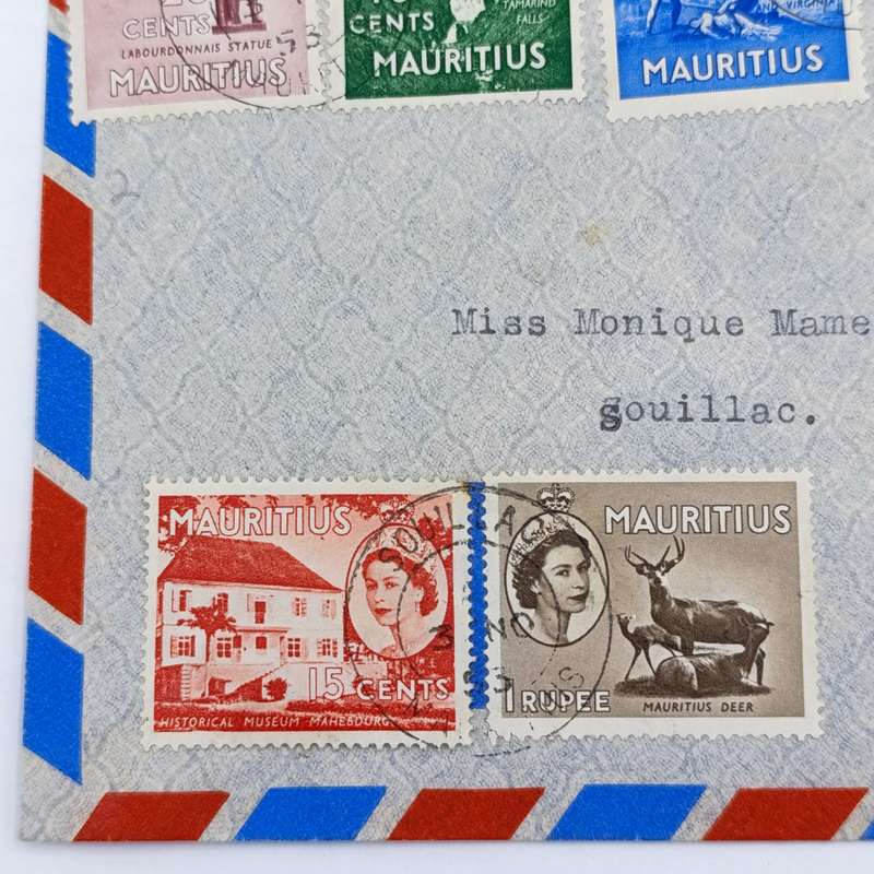 November 1953 Mauritius postal cover with 7 Mauritius stamps with Queen Elizabeth 2