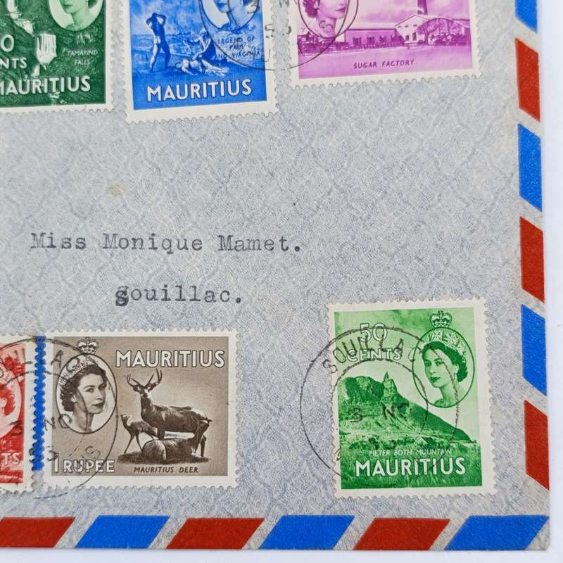 November 1953 Mauritius postal cover with 7 Mauritius stamps with Queen Elizabeth 2