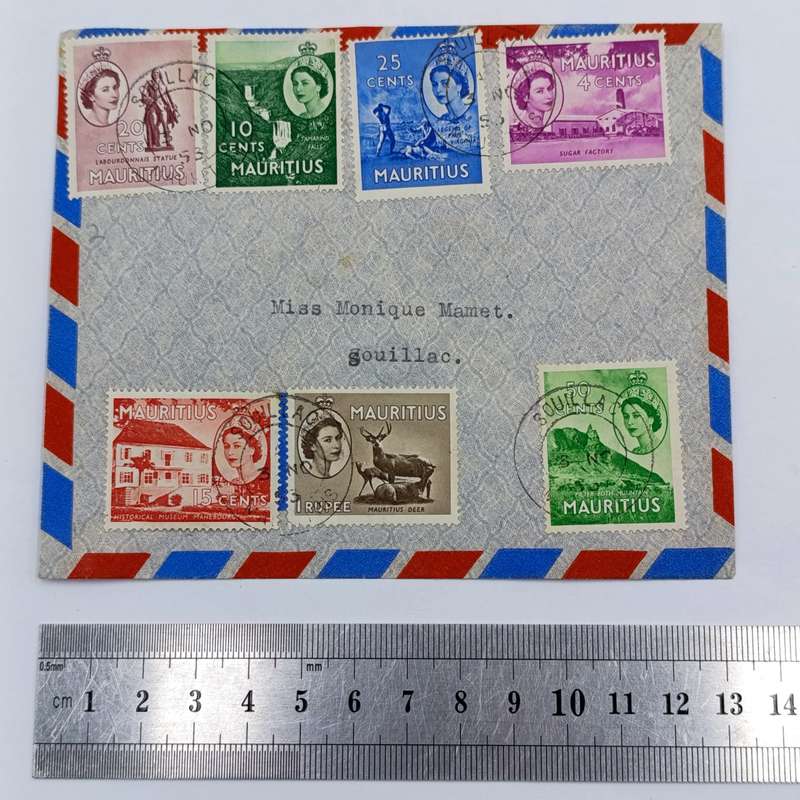 November 1953 Mauritius postal cover with 7 Mauritius stamps with Queen Elizabeth 2