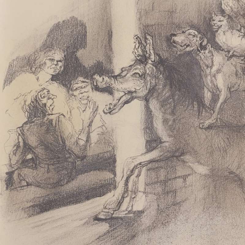 Original Cora Coetzee pencil sketch of the musicians of Bremen