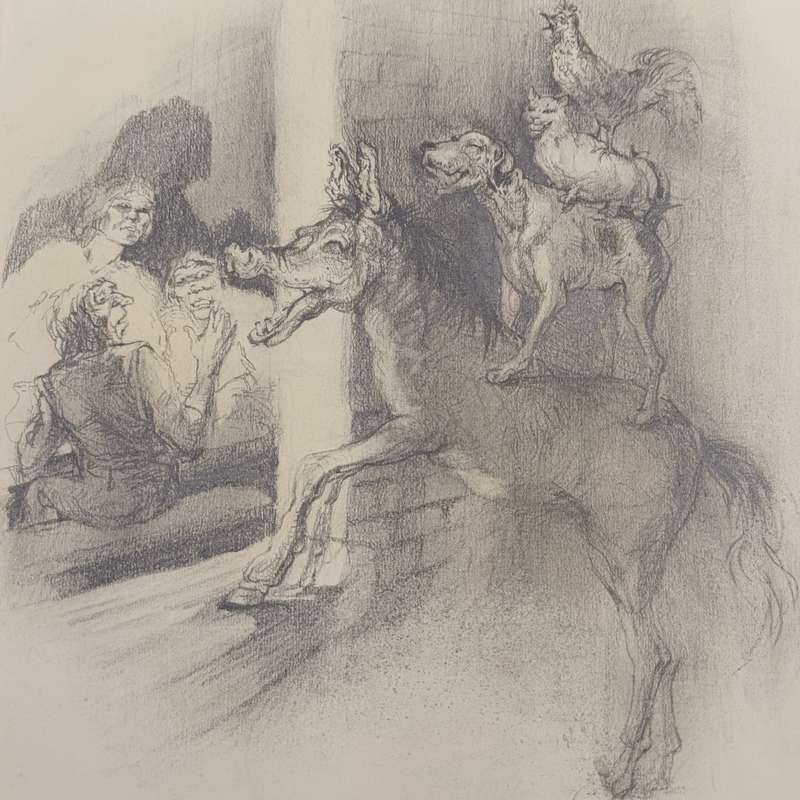 Original Cora Coetzee pencil sketch of the musicians of Bremen