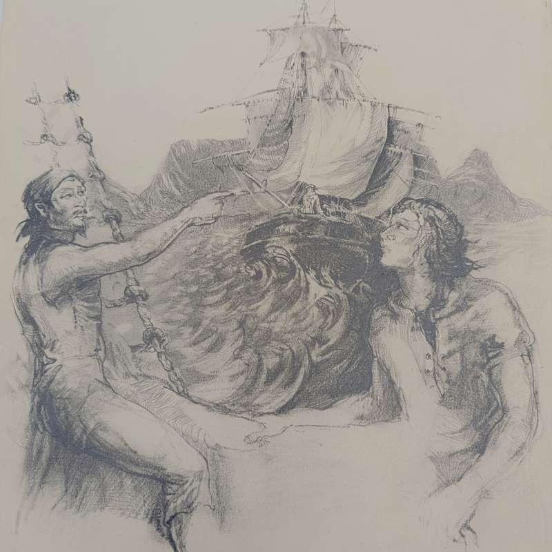 Original Cora Coetzee pencil sketch of the Flying Dutchman