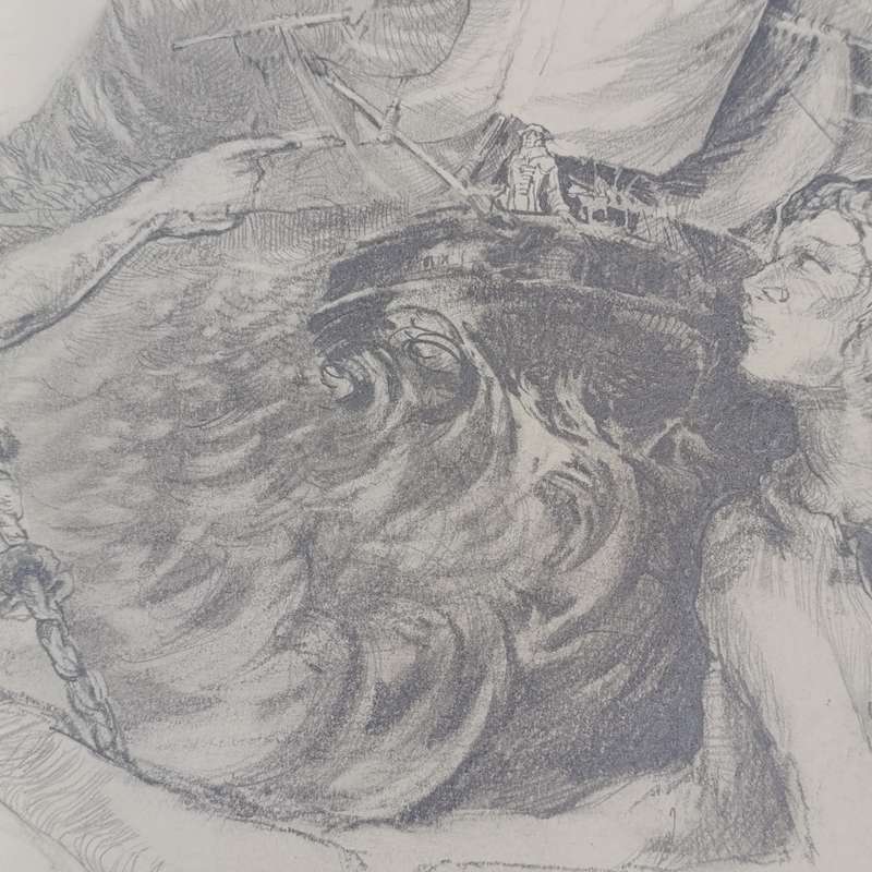 Original Cora Coetzee pencil sketch of the Flying Dutchman