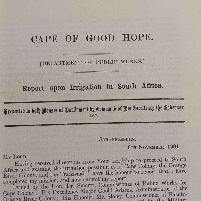 Cape of Good Hope 1902 Report upon Irrigation in South Africa by Willcocks presented to both houses