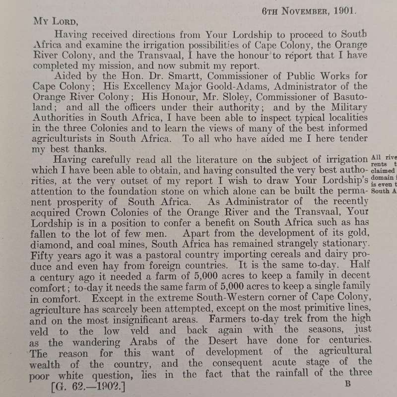 Cape of Good Hope 1902 Report upon Irrigation in South Africa by Willcocks presented to both houses