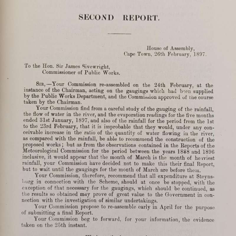 Cape of Good Hope Report of the Steynsburg irrigation commission 1896-7 presented to both houses