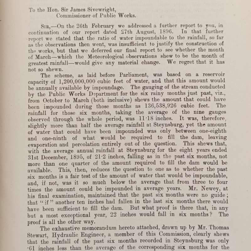 Cape of Good Hope Report of the Steynsburg irrigation commission 1896-7 presented to both houses