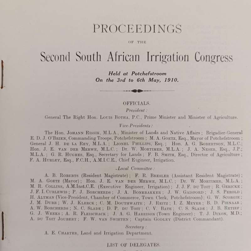 1910 Report of the Second South African irrigation congress including various sub reports