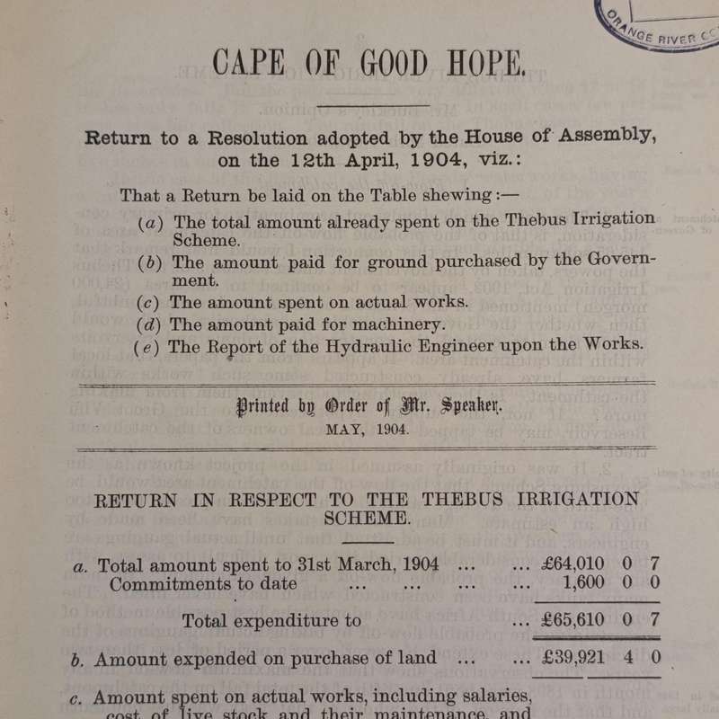 Cape of Good Hope 1904 Return in respect to the Thebus irrigation scheme