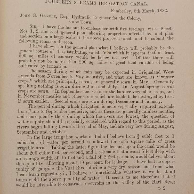 Cape of Good Hope Report of hydraulic engineer for the year 1882 with Map of Fourteen streams