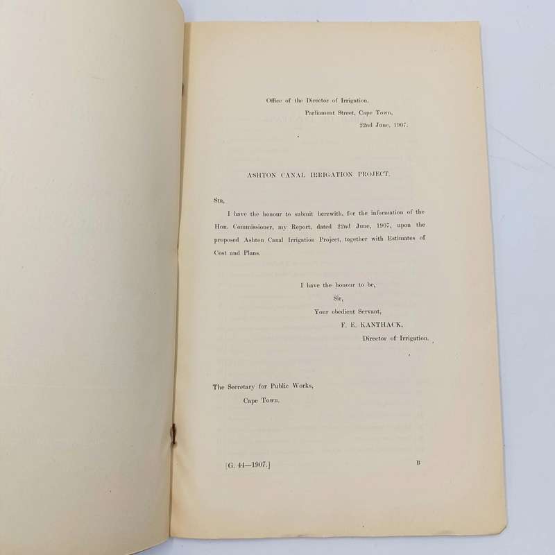 1907 Cape of Good Hope report on the Proposed Ashton canal irrigation project