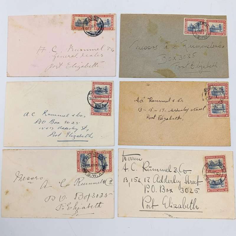 Lot of 6 Vintage 1930's South West Africa covers - all with 1d stamps in English and Afrikaans