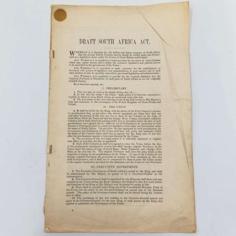 1909 South Africa Act Booklet plus Draft South Africa Act issued earlier - original