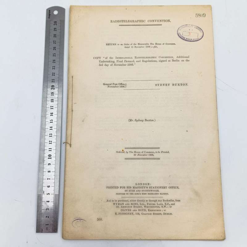 1906 Radiotelegraphic Convention document ordered by the House of Commons and signed at Berlin 1906