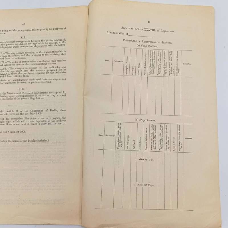 1906 Radiotelegraphic Convention document ordered by the House of Commons signed at Berlin 1906