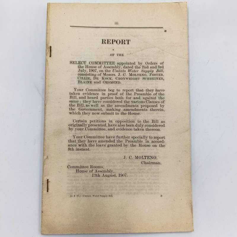1907 Report of the Select commitee on the Umtata water supply Bill - no cover