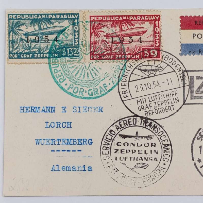 Attractive Zeppelin card with 1934 Paraguayan Franking - 3 paraguay stamps Graf zeppelin stamp